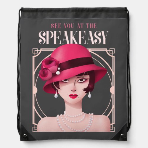 Art Deco 20s Pink Woman See You at the Speakeasy Drawstring Bag
