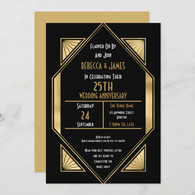 Art Deco 25 years Silver Wedding Anniversary Invitation | Zazzle