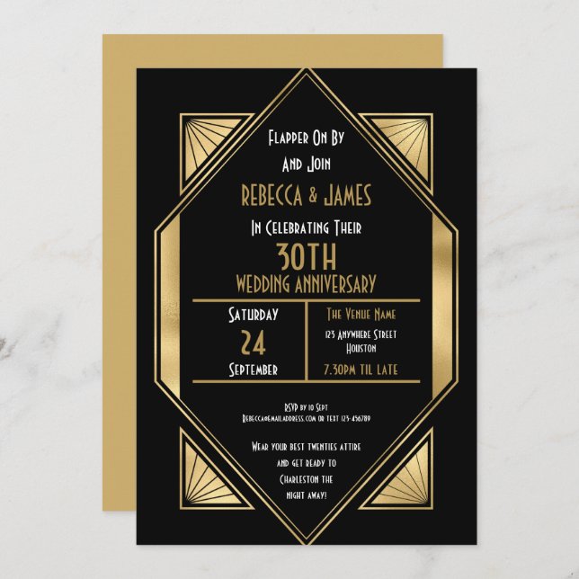 Art Deco 30 years Pearl Wedding Anniversary Invitation (Front/Back)
