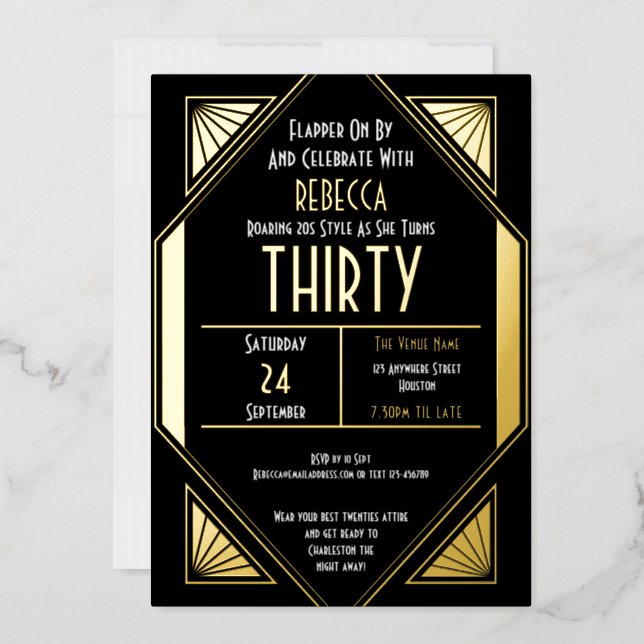 Art Deco Birthday Party Invitation Template. The invitation has a