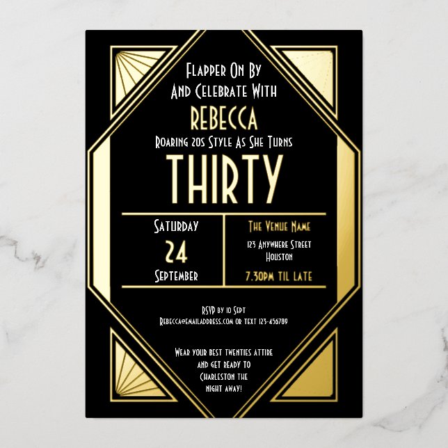 Art Deco 30th Birthday Black Gold Real Foil Invitation (Front)