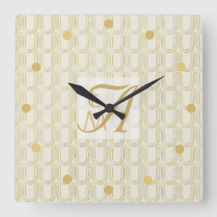 Art Deco 3 Letter Monogram Gold Cream Pattern Squ Square Wall Clock