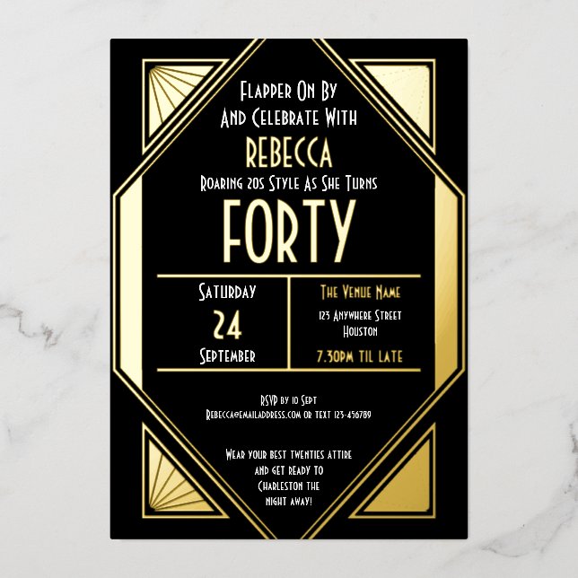 Art Deco 40th Birthday Black Gold Real Foil Invitation (Front)