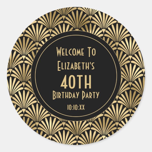 Art Deco 40th Birthday Party  Black | Gold Favor Classic Round Sticker (Front)