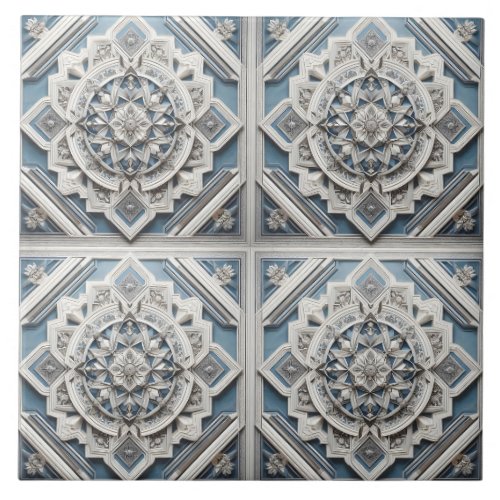 Art Deco 4 squares Lines All shades Grey Blue Ceramic Tile