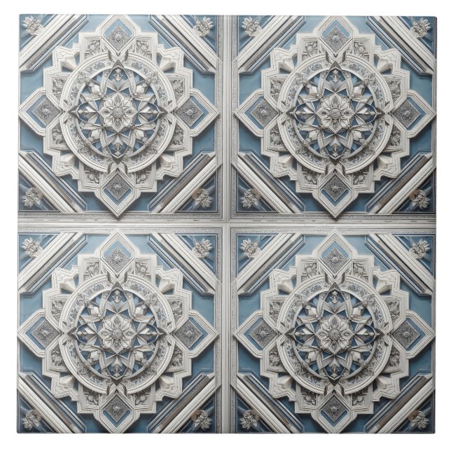 Art Deco 4 squares Lines All shades Grey Blue Ceramic Tile (Front)