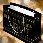 Art Deco 50th Birthday Black Gold Custom Large Gift Bag<br><div class="desc">Add a touch of Art Deco style with this 50th birthday gift bag. An elegant design with vintage typography and stars, evoking a sense of nostalgia and glamour. Personalize the template with the recipient's name and birthday age, or customize the text for anniversaries, Christmas, holidays, and more! Printed colors: black...</div>
