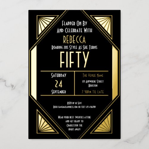Art Deco 50th Birthday Black Gold Real Foil Invitation