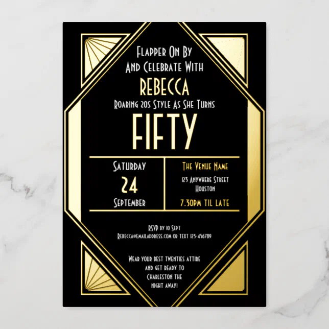 Art Deco 50th Birthday Black Gold Real Foil Invitation | Zazzle