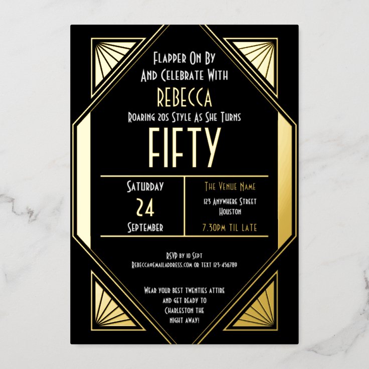 Black & Gold Art Deco 50th Birthday Invitation 50th Birthday Party