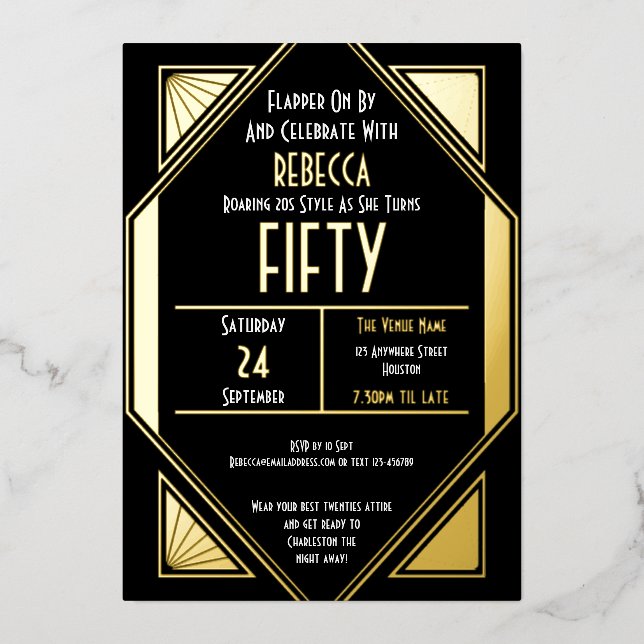 Art Deco 50th Birthday Black Gold Real Foil Invitation (Front)