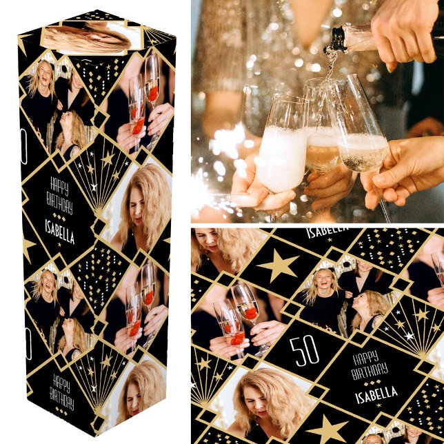 Art Deco 50th Birthday Custom Age Photos Gift Wine Box (Creator Uploaded)