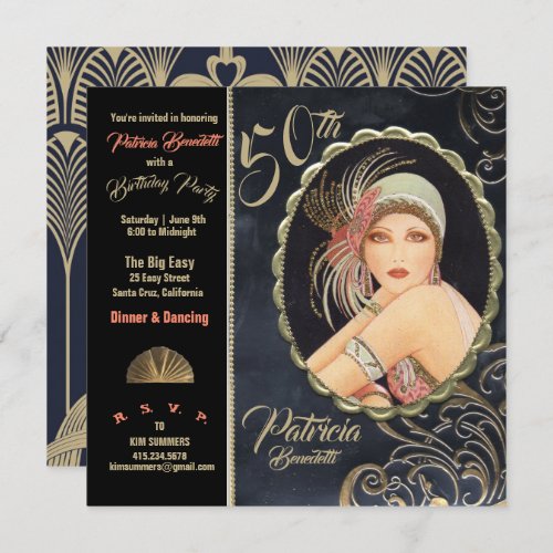 Art Deco 50th Birthday Party 1920s Flapper Girl Invitation
