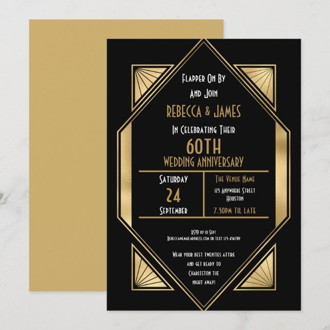 Art Deco 60 years Wedding Anniversary Invitation (Front/Back)