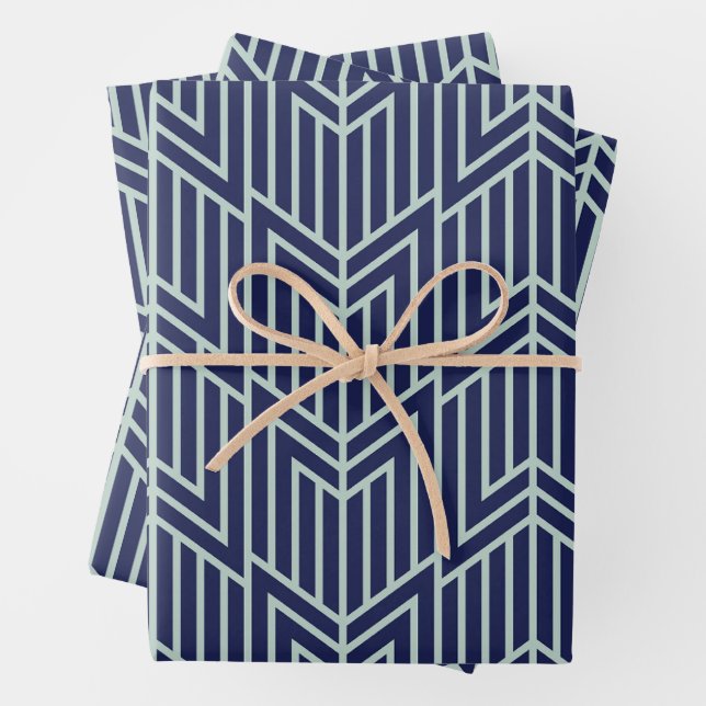 Art Deco Abstract Geometric Pattern Blue Wrapping Paper Sheets (In situ)
