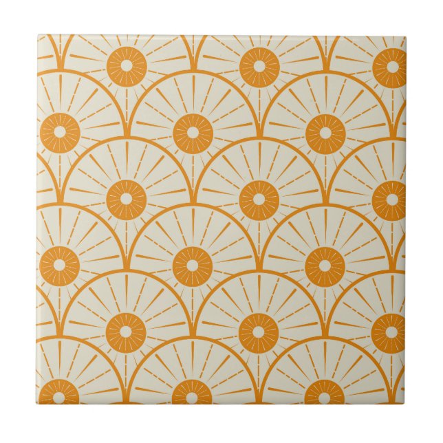 Art Deco Abstract Orange Sun on White  Ceramic Tile (Front)