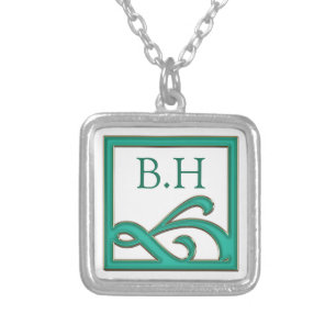 Art Deco Abstract Teal Square Monogram Silver Plated Necklace