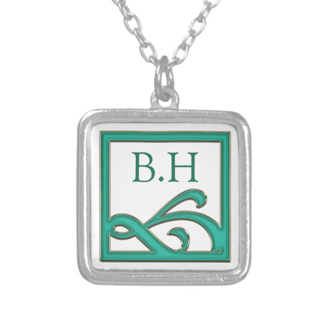 Art Deco Abstract Teal Square Monogram Silver Plated Necklace (Front)