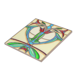 Art Deco Abstract Tulips Stained Glass Ceramic Tile