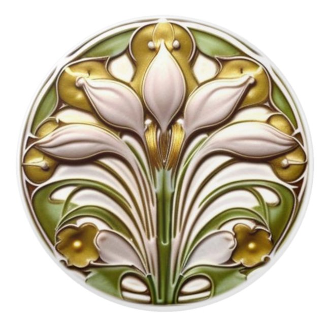 Art Deco Abstract White Gold Floral Ceramic Knob (Front)