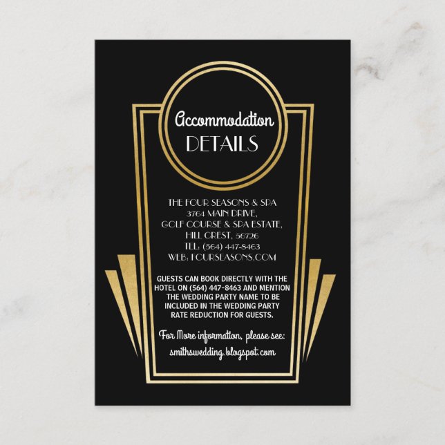 Art Deco Accommodation Wedding Cards Gold Black (Front)