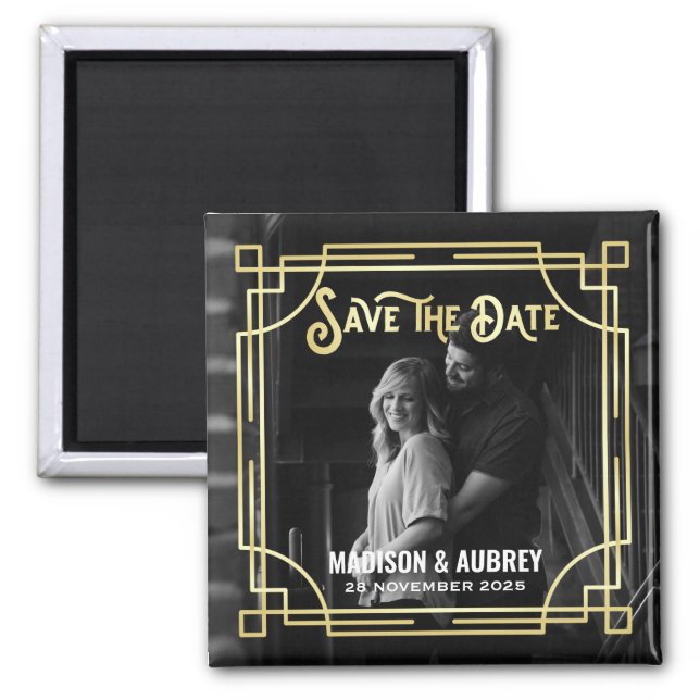 Art Deco Add Your Photo Elegant Gold Save the Date Magnet (Front)