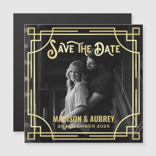 Art Deco Add Your Photo Elegant Gold Save the Date Magnetic Invitation