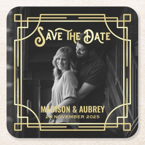 Art Deco Add Your Photo Elegant Gold Save the Date Square Paper Coaster
