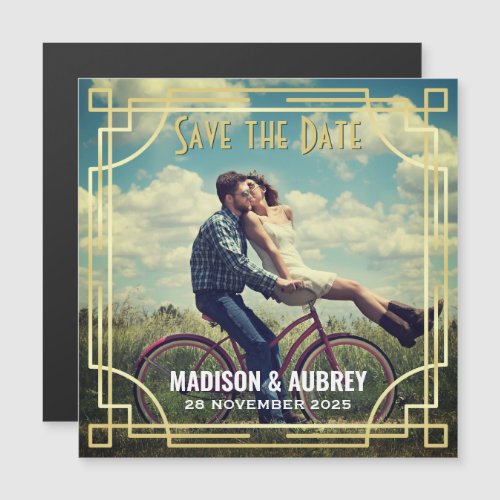 Art Deco Add Your Photo Save the Date Gold Gatsby Magnetic Invitation