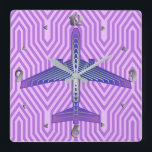 Art Deco Aeroplane, Violet Purple and Silver Gray Square Wall Clock<br><div class="desc">Clock in an Art Deco inspired concept of a futuristic plane,  in a striped,  silky gradient of lilac to deep violet purple,  with bands of silver grey/grey,  on a pastel lilac and orchid,  Deco background</div>