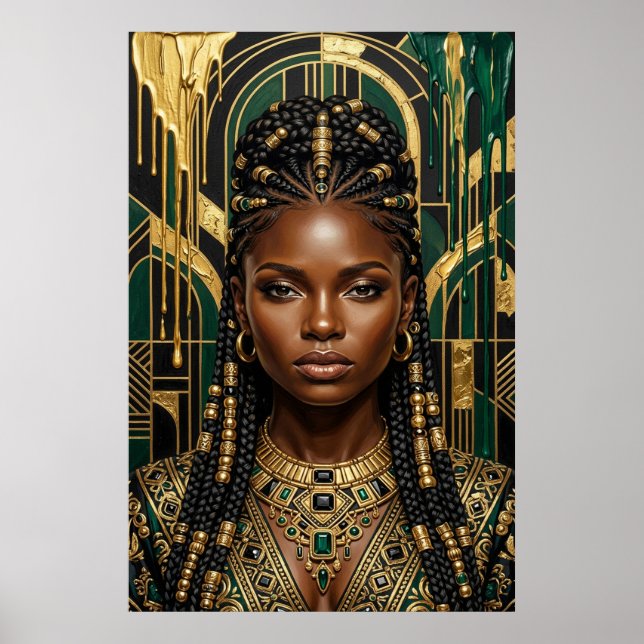 Art Deco Afrofuturism Emerald Gold Black Queen Poster (Front)