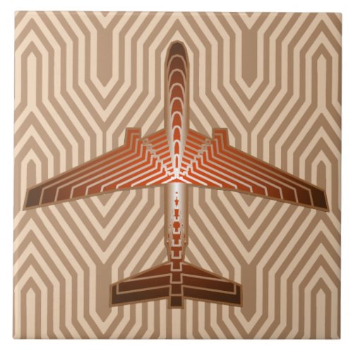 Art Deco Airplane Bronze Gold and Rust Brown Ceramic Tile