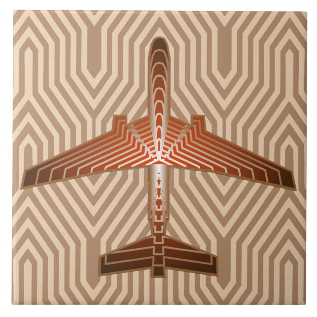 Art Deco Airplane, Bronze, Gold and Rust Brown Ceramic Tile (Front)