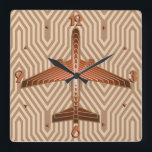 Art Deco Airplane, Bronze, Gold and Rust Brown Square Wall Clock<br><div class="desc">Clock in an Art Deco inspired concept of a futuristic plane,  in a striped,  silky gradient of bronze / rust brown,  accented with soft gold,  on a beige and tan,  Deco background</div>