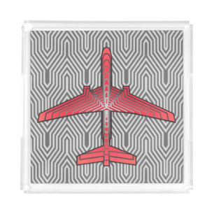 Art Deco Airplane, Coral Orange and Silver Gray Acrylic Tray