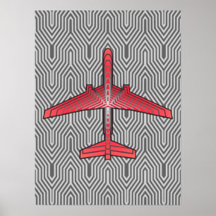 Art Deco Airplane, Coral Orange and Silver Gray Poster