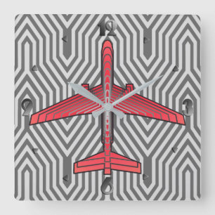 Art Deco Airplane, Coral Orange and Silver Gray Square Wall Clock