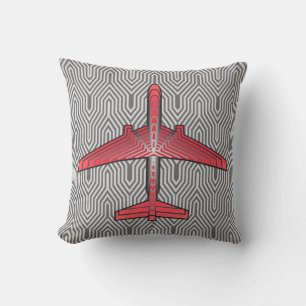 Art Deco Airplane, Coral Orange and Silver Gray Throw Pillow