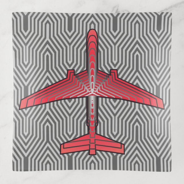 Art Deco Airplane, Coral Orange and Silver Gray Trinket Tray