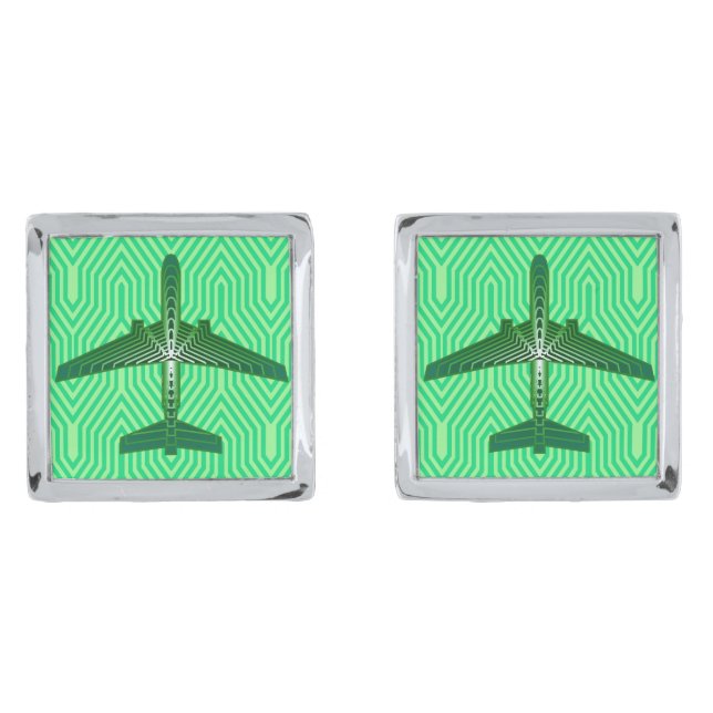 Art Deco Airplane, Emerald and Jade Green Silver Cufflinks (Front)