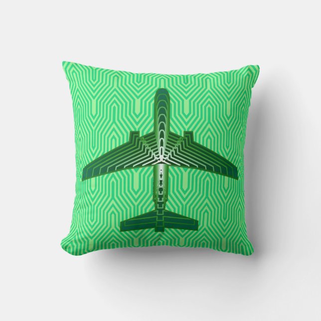 Art Deco Airplane, Emerald and Jade Green Throw Pillow (Front)
