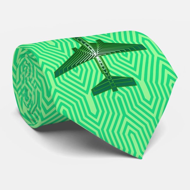Art Deco Airplane, Emerald and Jade Green Tie (Rolled)