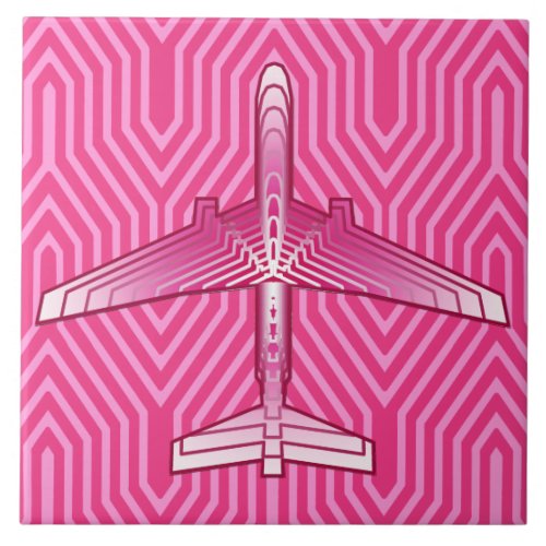 Art Deco Airplane Fuchsia and Pastel Pink Ceramic Tile