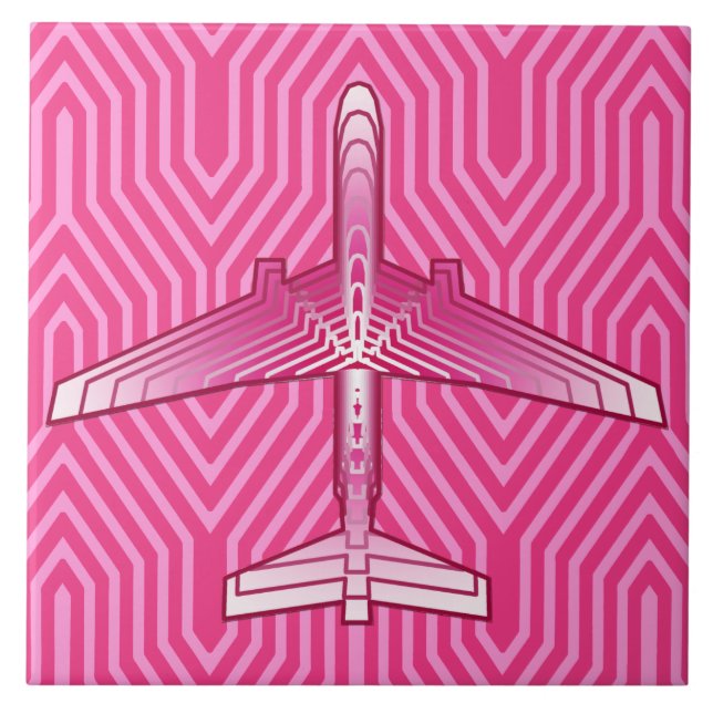 Art Deco Airplane, Fuchsia and Pastel Pink Ceramic Tile (Front)