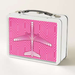 Art Deco Airplane, Fuchsia and Pastel Pink Metal Lunch Box