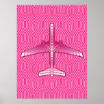 Art Deco Airplane, Fuchsia and Pastel Pink Poster<br><div class="desc">Print in an Art Deco inspired concept of a futuristic plane,  in a striped,  silky gradient of deep fuchsia to pastel pink,  on a deep fuchsia pink,  Deco background</div>
