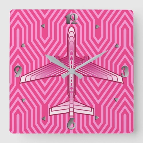 Art Deco Airplane Fuchsia and Pastel Pink Square Wall Clock