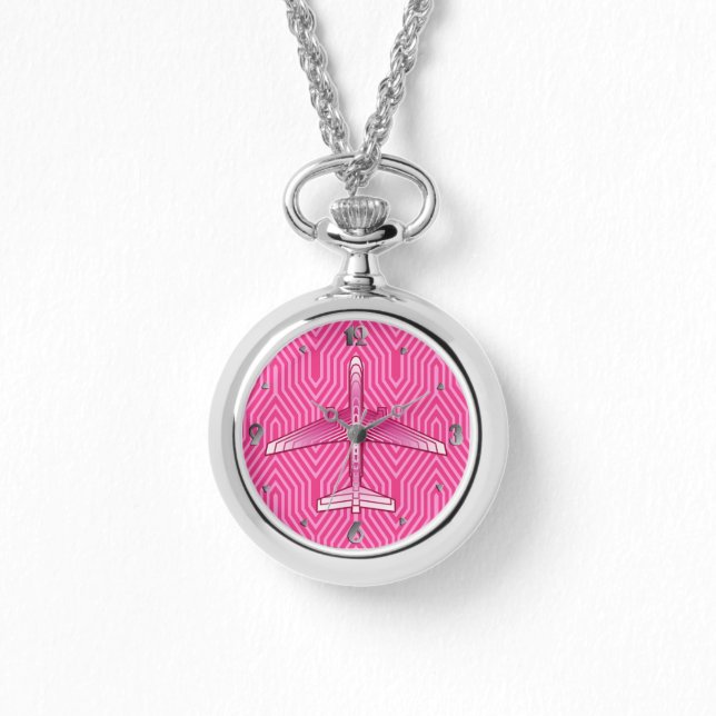 Art Deco Airplane, Fuchsia and Pastel Pink Watch (Front)