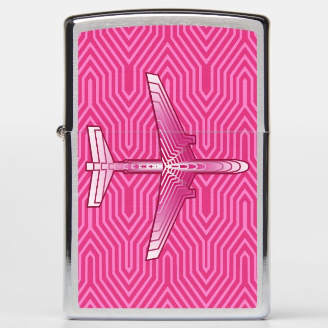 Art Deco Airplane, Fuchsia and Pastel Pink Zippo Lighter (Front)
