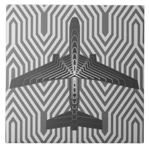 Art Deco Airplane Graphite and Silver Gray Ceramic Tile